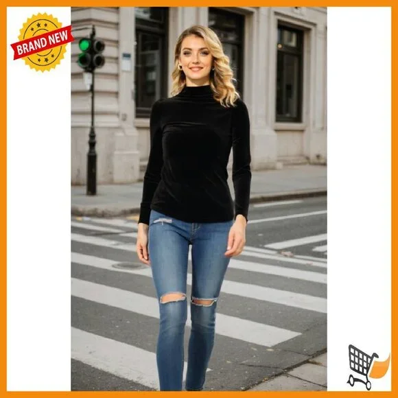 Velvet Turtleneck Top Long Sleeve Blouse Office Casual Wear - Picture 8 of 8